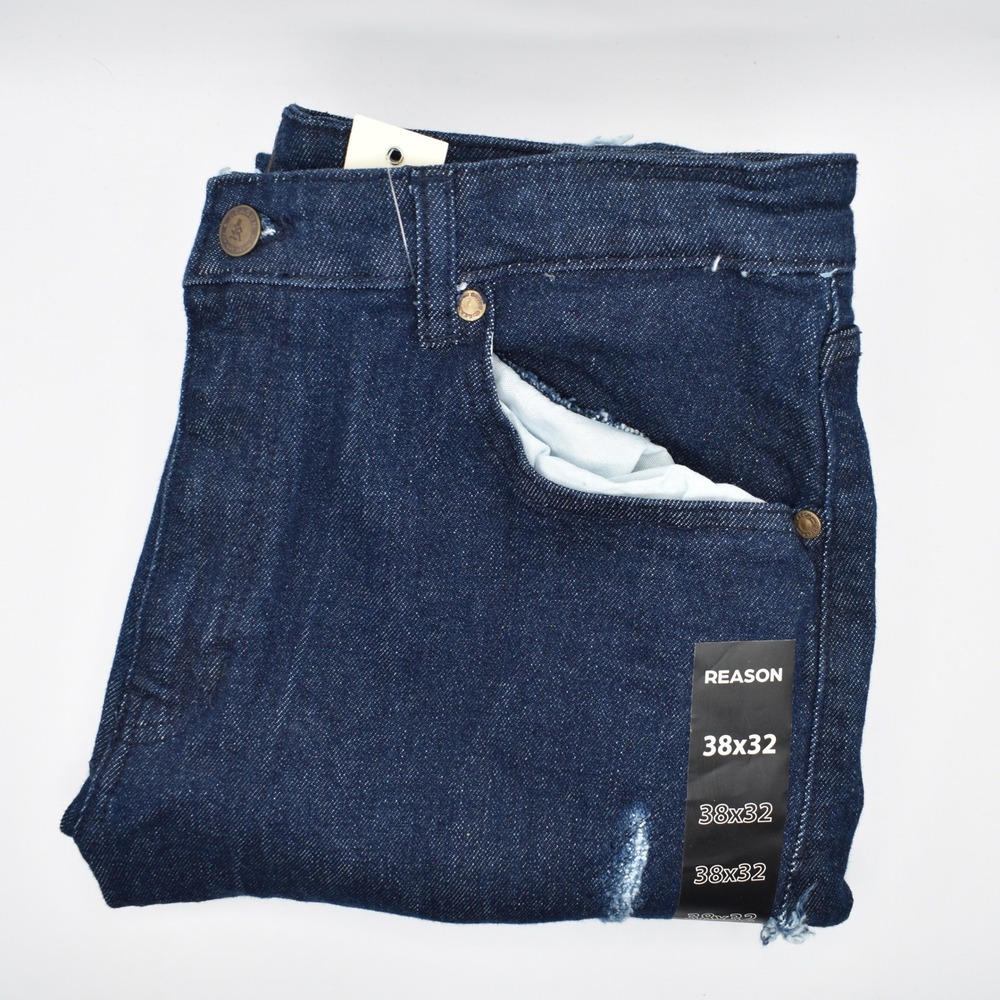 Reason Denim Distressed Ripped Stretch Skinny Jeans 38x32 Blue Dark Wash NWT NEW